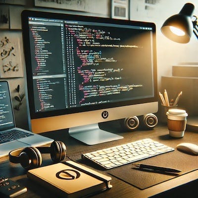 A coding workspace with a computer screen displaying a command-line interface, showcasing file searching and code preview. Th /1-soslvxmcvkapnfaqg-vroa-jpeg.jpg
