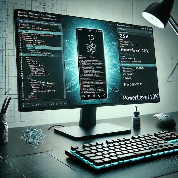 Futuristic workspace featuring a Samsung Galaxy device in DeX mode connected to a large monitor displaying a Termux developme