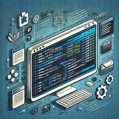 Abstract illustration of a computer terminal screen displaying command-line commands like ‘add’ and ‘commit’ with highlighted